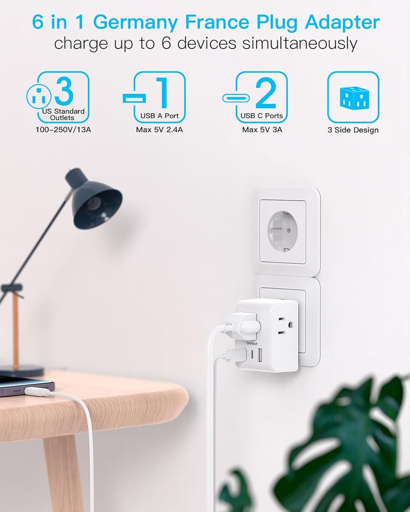 One Beat 2 Pack Germany France Travel Plug Adapter with 3 Outlets 1 USBA 2 USB C, Type E/F International Power Adapter, Travel Essentials US to Europe France Germany South Korea Netherlands - Image 2